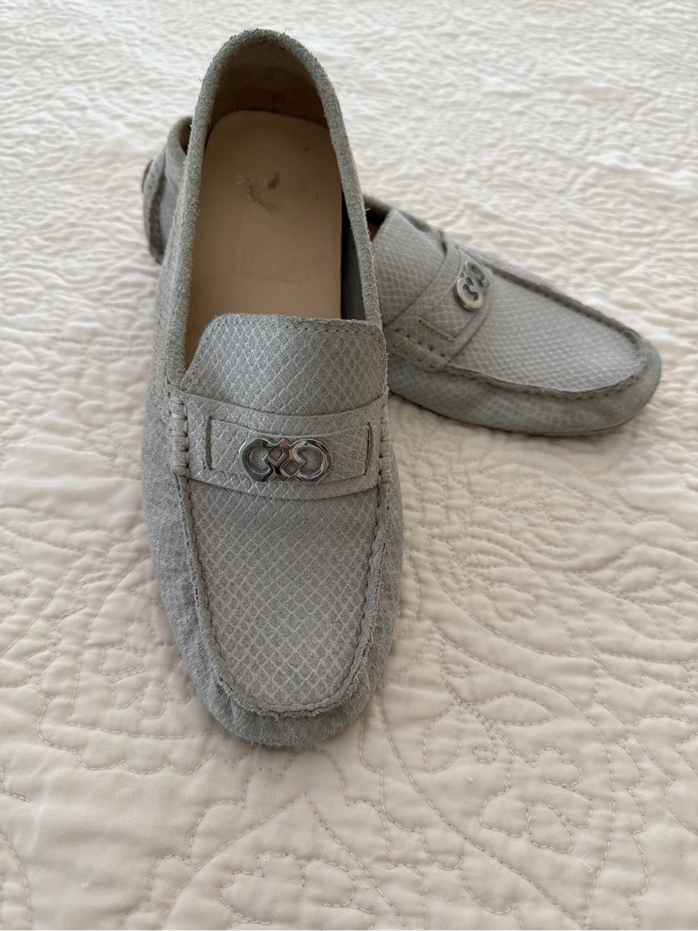Cole Haan Light Gray Suede Driving Loafers with Interlocking Bit